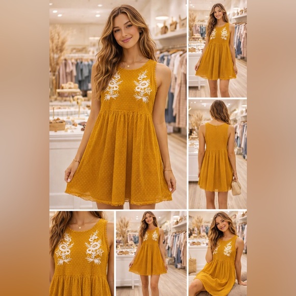 🌻 Blue Rain by Francesca’s - Mustard Yellow Embroidered Sleeveless Dress - Picture 1 of 9